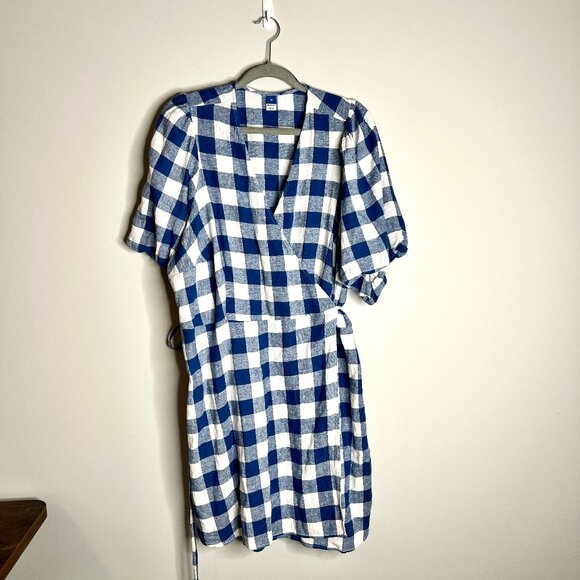 Old Navy Gingham Check Linen Blend Wrap Dress Puff Sleeve Cottagecore Sz 2X - Picture 3 of 7